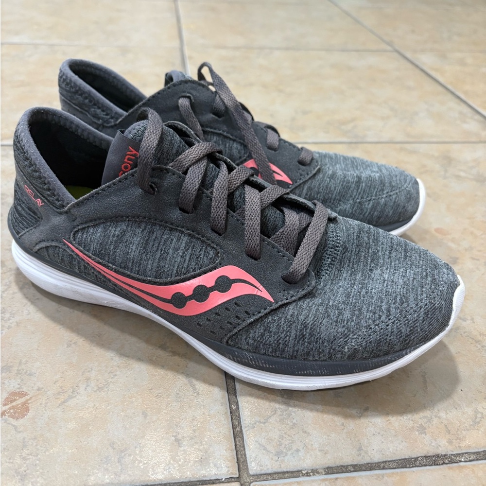 Saucony Dark Gray Knit Sneakers with Coral Accent